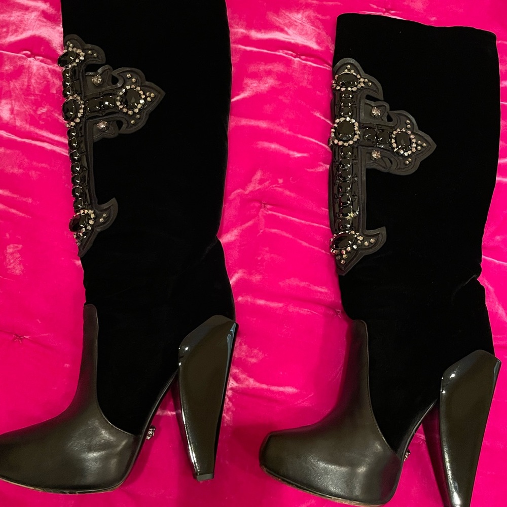 VERSACE CHRYSTAL-EMBELLISHED CROSS VELVET and LEATHER KNEE BOOTS 38 1/2 / 8.5.